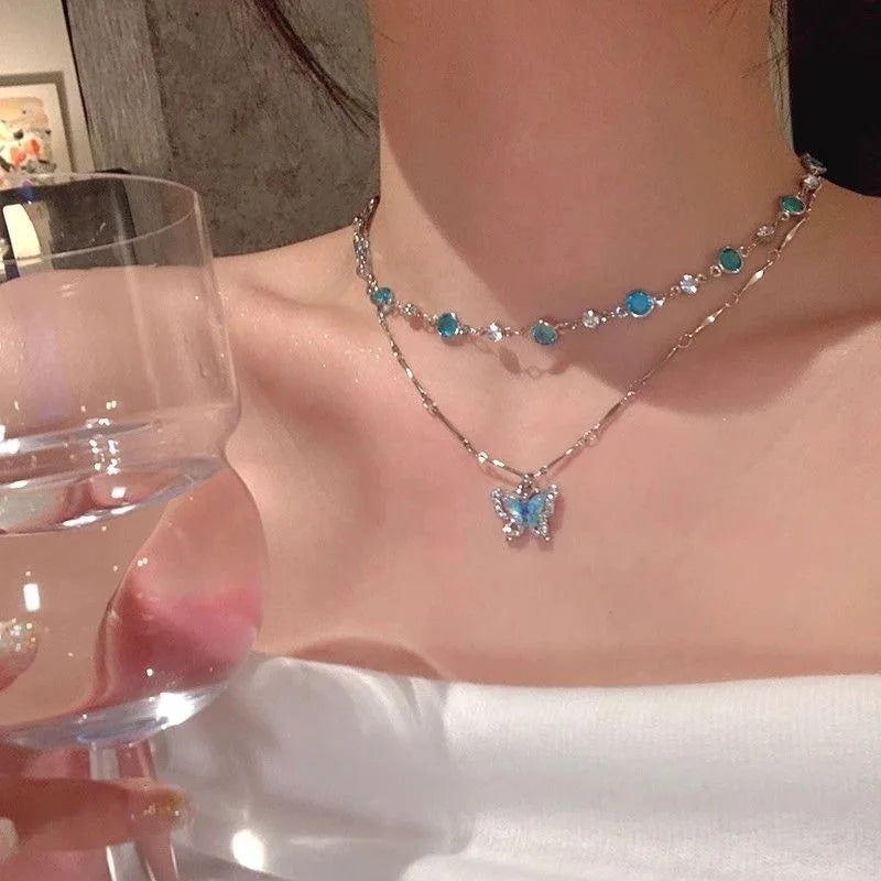 Luxury Crystal Zircon Butterfly Tassel Necklace for Women Elegant Double Layer Clavicle Chain Necklace Party Wedding Jewelry