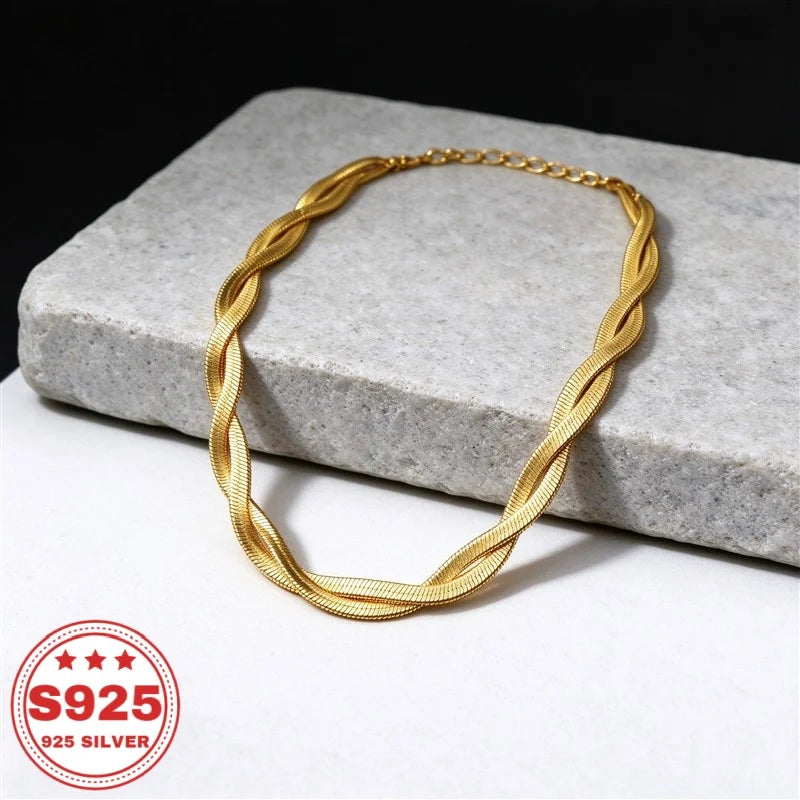 Twisted Herringbone Necklace, 18K Plated S925 Sterling Silver, Intertwined Flat Snake Chain, Unisex Fashion Jewelry, Daily Wear, Anniversary Birthday Holiday Gift, Buy Three Get One Free