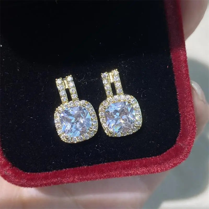 Fashion Hollow Square Cubic Zirconia Earrings For Women Gold Silver Color Copper Metal Geometric Earrings Party Everyday Jewelry