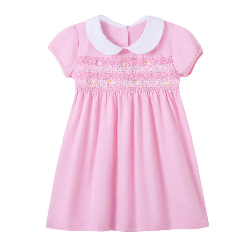 TUONXYE Summer Baby Girl Dress Cotton Button Smocked Floral Embroidery Short Sleeve Kids Princess Party Dresses