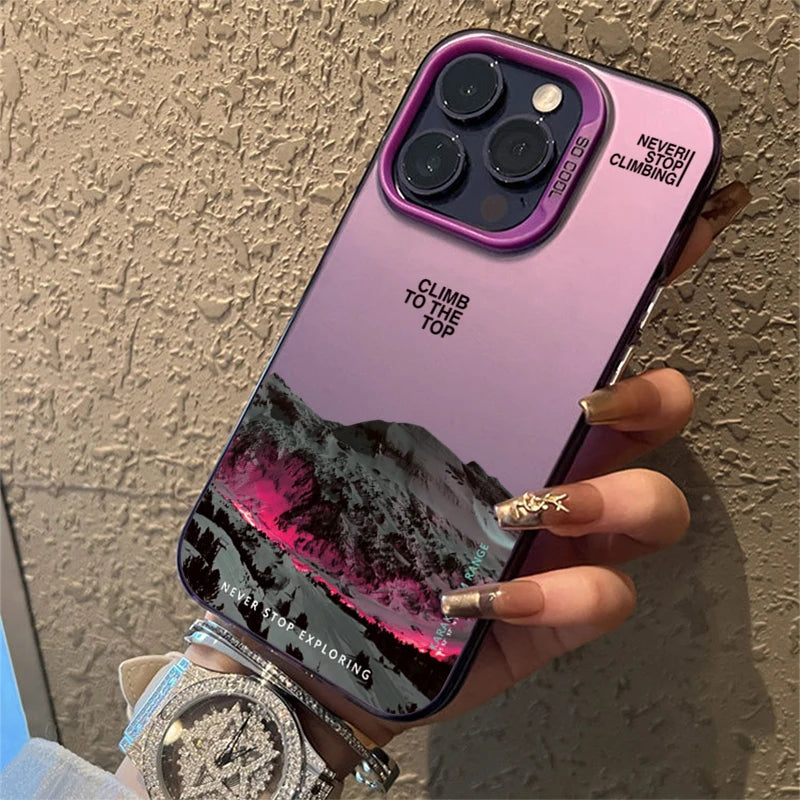 Snow Mountain Landscape Sunset Electroplate Silver Phone Case For iPhone 16 Pro 17 18 Pro 11 12 13 14 15 Pro Max Air 16E Cover