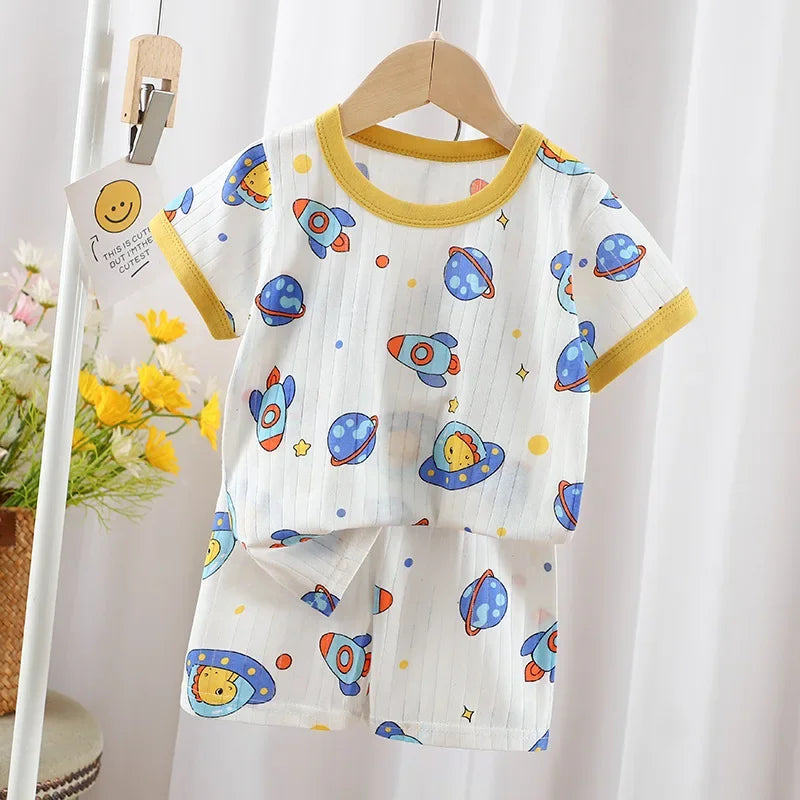 2024 New Summer Children's Clothing Boys Girls Short-sleeved Shorts Suit Baby T-shirt + Pants  Pure Cotton Clothes Set