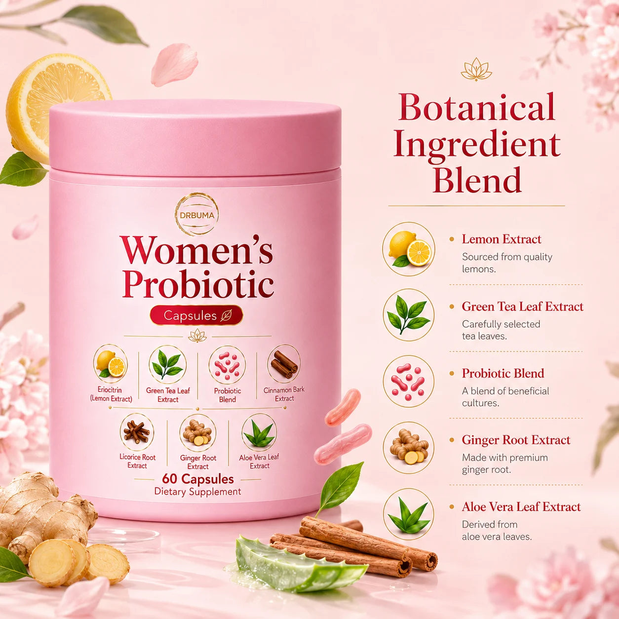 60-Capsule Women's Probiotic Capsules, Daily Nutritional Supplement Formula, Compound Probiotic Capsules for Intimate Care of Women, Formulated with Plant Extracts Combined with Complex Probiotics, Gentle Formula