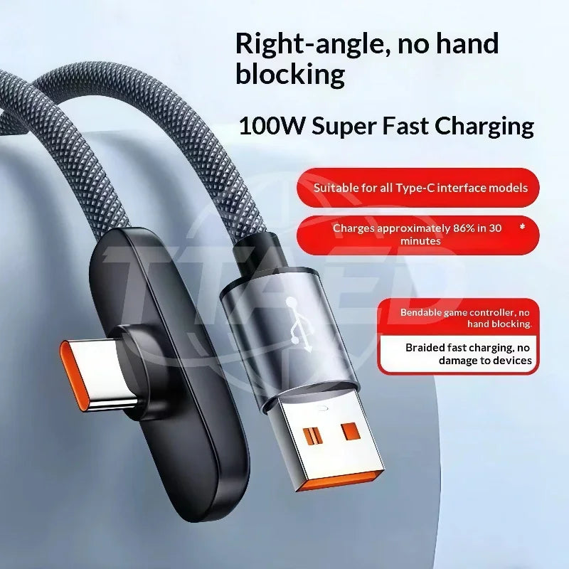 100W USB To Type C Fast Charging 90° Elbow Data Cable PD USB C Super Charging Game Cable for Samsung S23 S22 Huawei POCO Realme