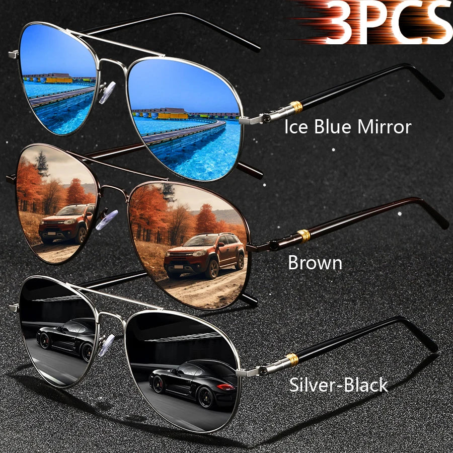 3PCS Fashion Vintage Square Metal Frame Sunglasses Men Women Fishing Driving Luxury Brand Designer Sun Glasses  Eyewear