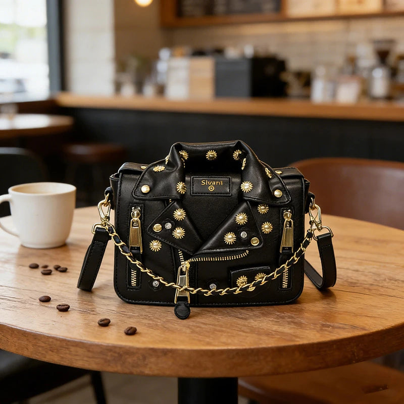 Jacket Collar Shaped Crossbody Shoulder Bag,Women Metal Flower Studded Handbag ,Niche Designer Streetwear Fashion Rivet Tote Bag
