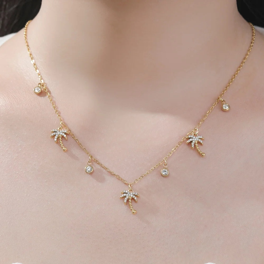 Skyrim Clear Zircon Coconut Tree Pendant Necklace Stainless Steel Gold Color Chain Choker for Women Plant Jewelry Wholesale