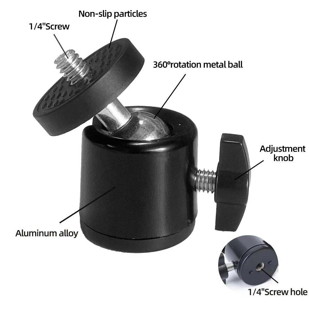 Aluminum Alloy 360° Rotatable Mini Ball Head with 1/4" Screw for DSLR Camera Tripod Phone Mount Vlog Photography