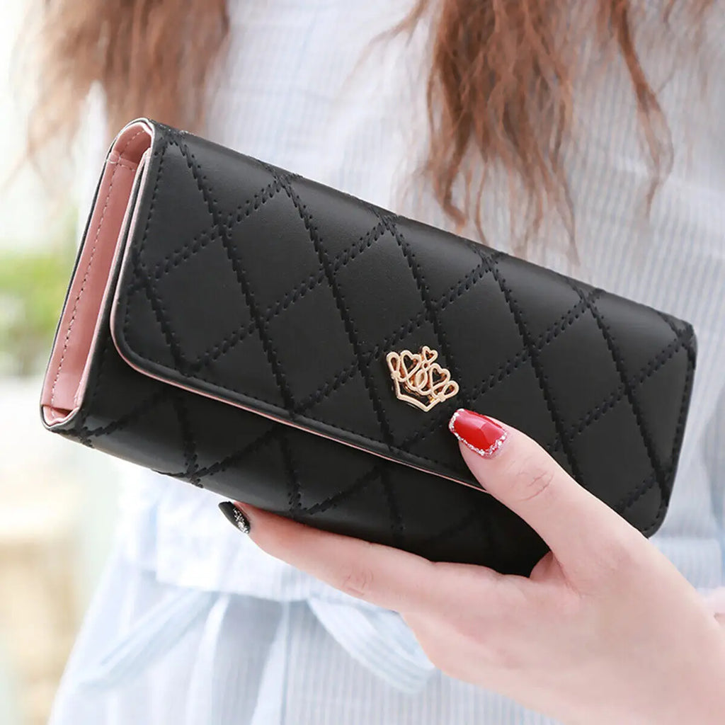Women PU Leather Black Long Wallet Diamond Pattern Purse Large Capacity Card Holder Crown Buckle Ladies Phone Bag Girls Gifts