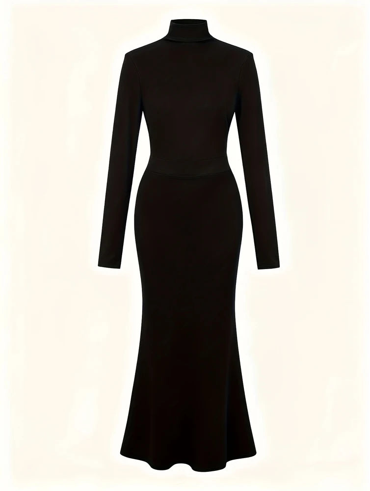 Spring/Autumn 2026 New Arrivals European & American Women's Wear Elegant High-Neck Fitted Long-Sleeve Knitted Dress Evening Wear