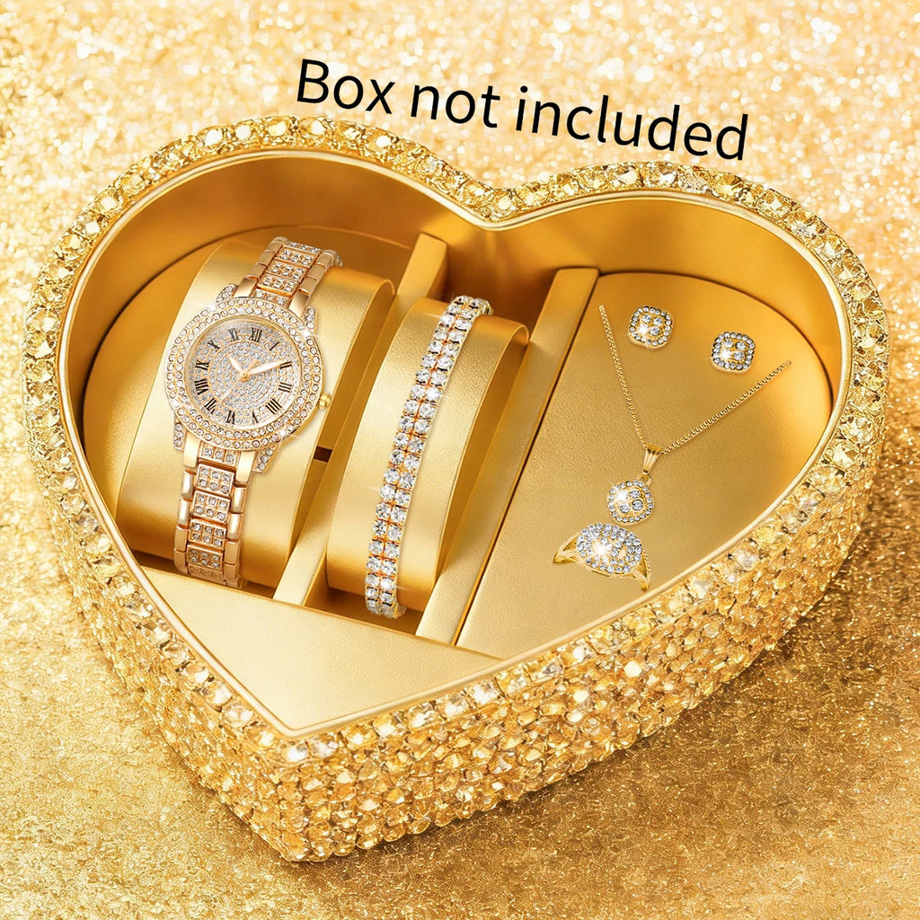 6PCS Fashion Roma Dial Women Quartz Watch Diamond Jewelry Set Elegant Rhinestone Ladies Wristwatches Girls Gift (Without Box)