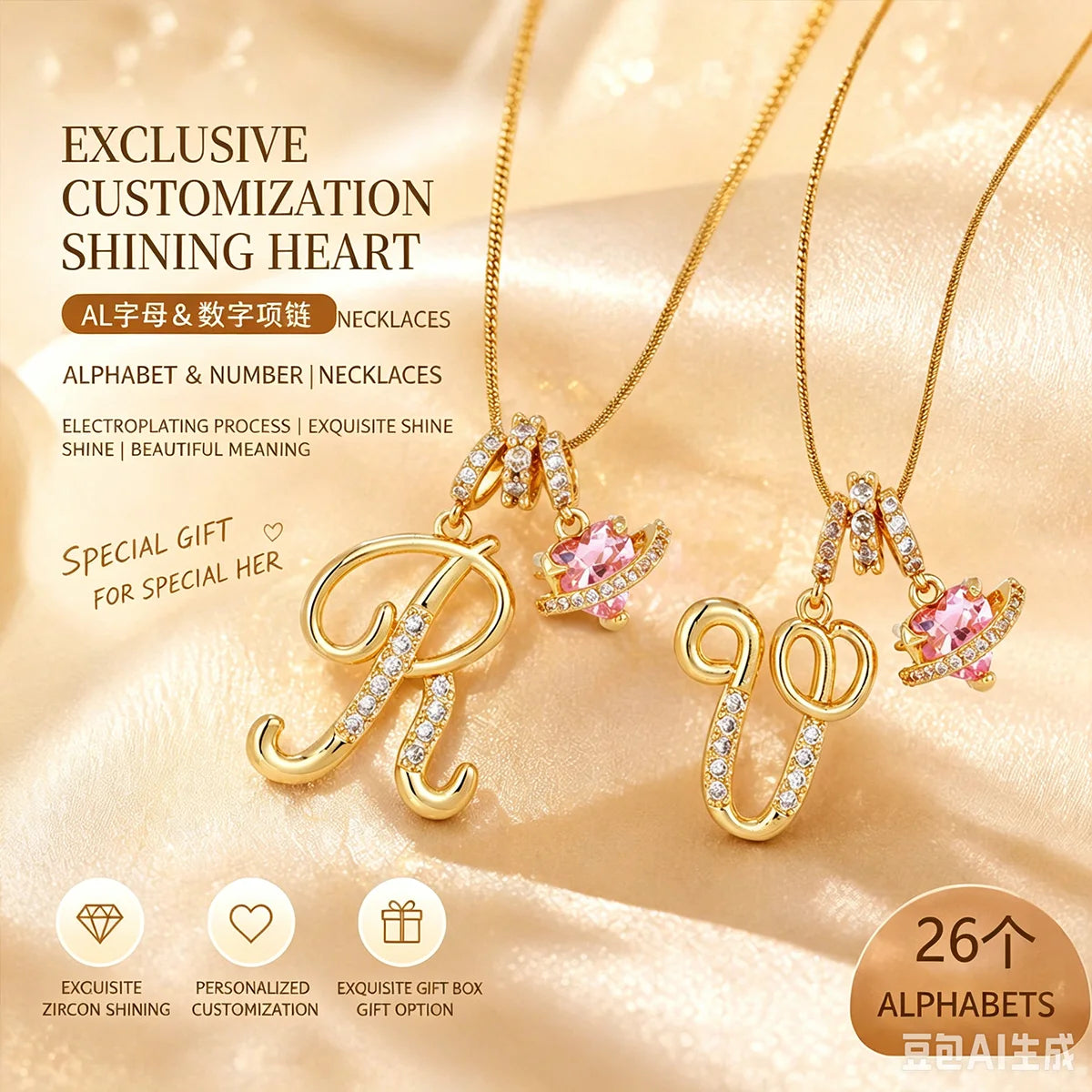 Fashion Letter Necklace Pink for Women  Zircon Heart Pendant Suitable for Personalized Stainless Steel Luxury Jewelry for Girls