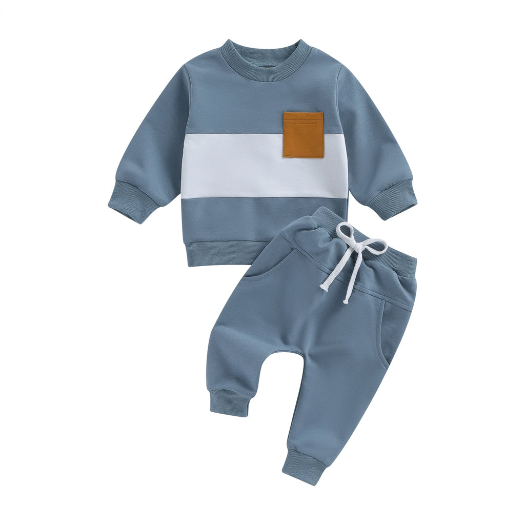 2PCS Winter Baby Tracksuit For Toddler Boys Outfits Contrast Color Long Sleeve Sweatshirts Tops Long Pants Toddler Clothes Set