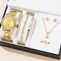 5PCS Quartz Watch Set Women Fashion Silver Round 3 Eyes Alloy Strap Wristwatch Gift Rhinestone Watch For Women Jewelry Set