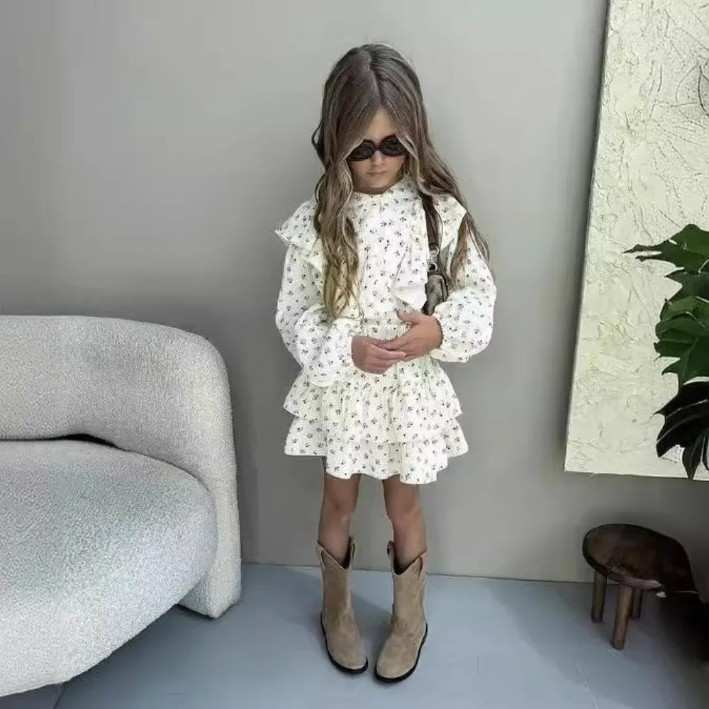 4478-1  Children Clothing Set INS Russian Girl's Dress Autumn Floral Lace Shirt+Cake Skirt Two-piece Set