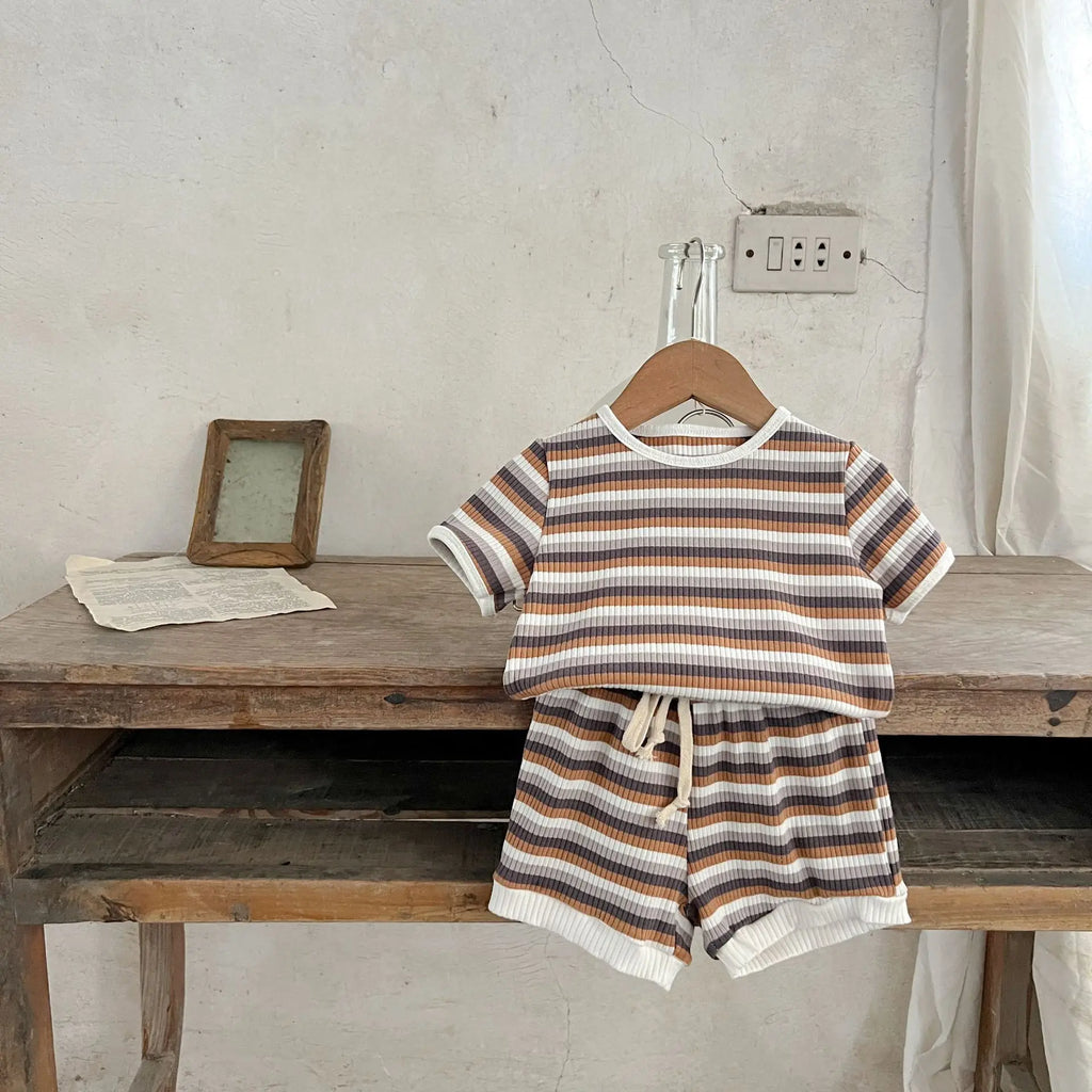 Korean Version Summer Kids Baby Girls Boys Short Sleeve Striped Top Tees +shorts Pants Infant Cute Pure Cotton Clothing Set