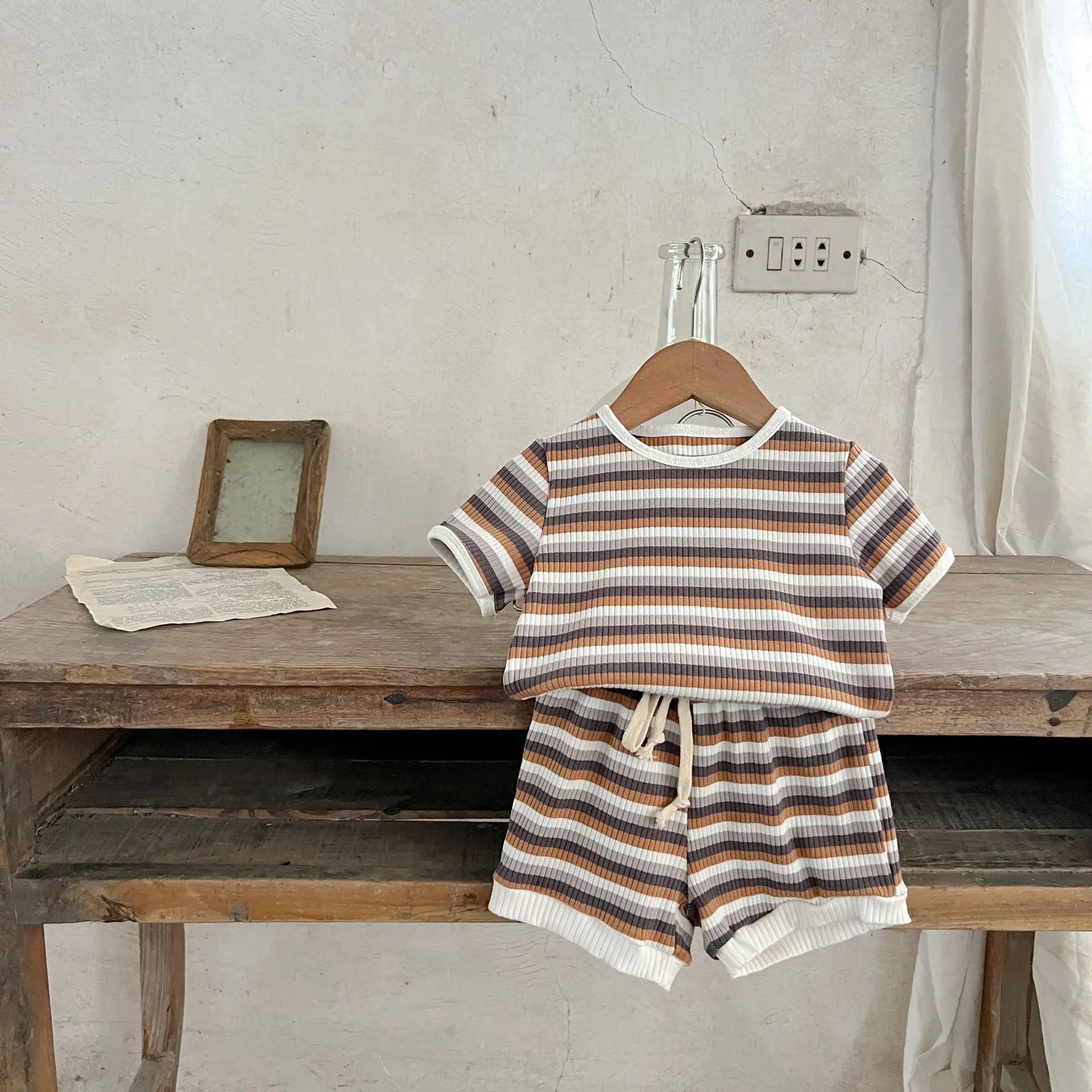 Korean Version Summer Kids Baby Girls Boys Short Sleeve Striped Top Tees +shorts Pants Infant Cute Pure Cotton Clothing Set