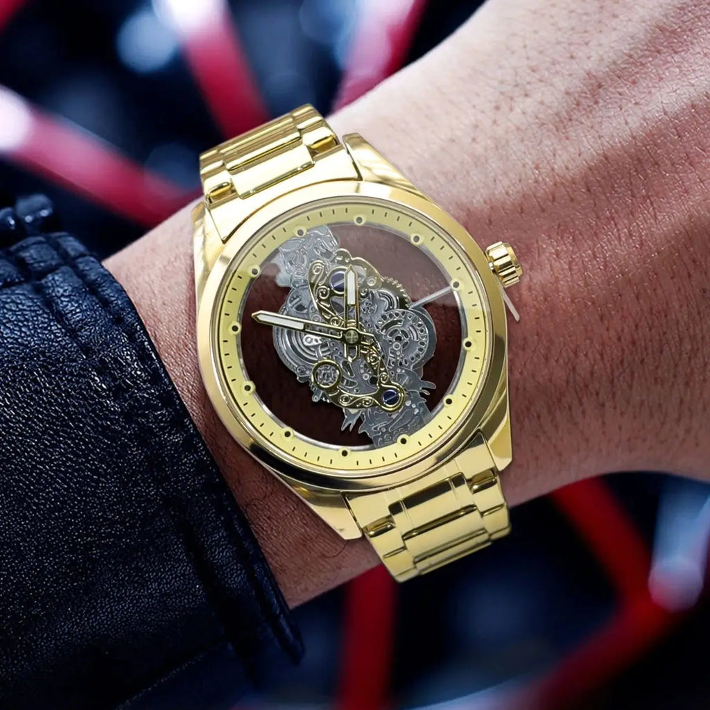 Hot Trendy Fashion Wholesale Men's Golden Skeleton Automatic Quartz Wrist Watches Luxury