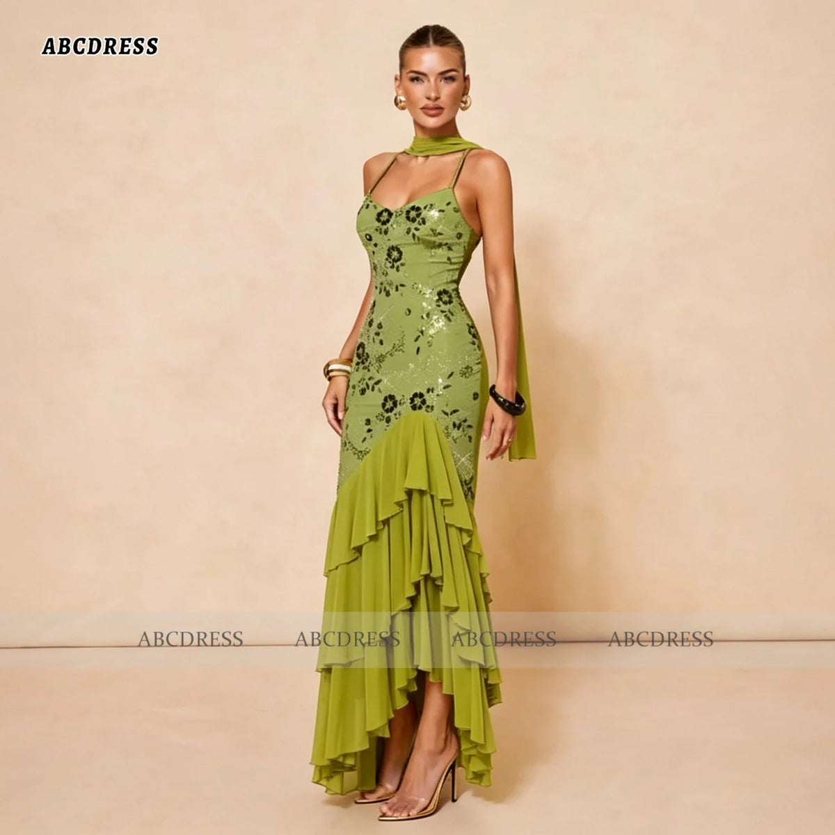 ABC Customized Elegant Olive Green Halter Neck Sequin Floral Evening Dress robes de soirée Mermaid Tiered Ruffle Prom Dress