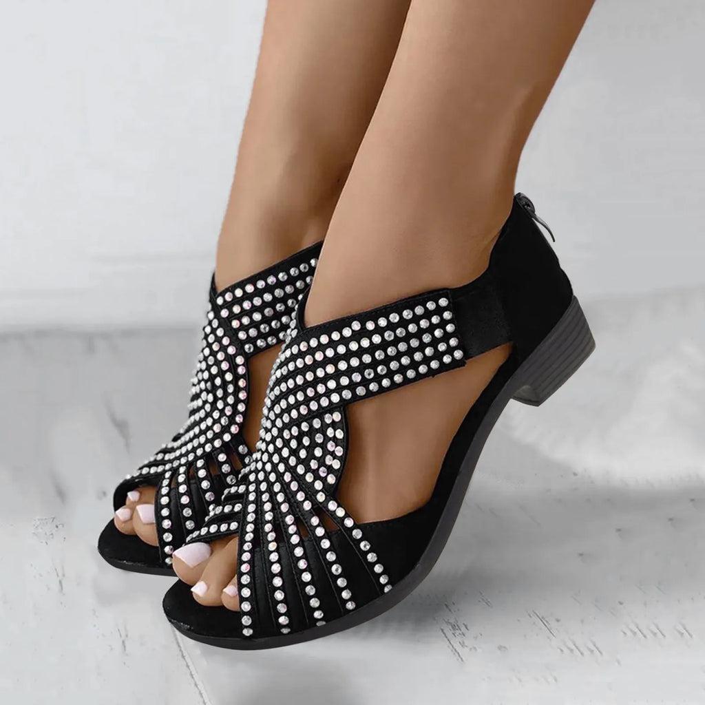 Rhinestones Diamond Sandals Women Summer Suede Open Toe Back Zipper Thick High Heel Sandals Shoes Hollow Out Rome Shoes Zapatos