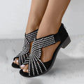 Rhinestones Diamond Sandals Women Summer Suede Open Toe Back Zipper Thick High Heel Sandals Shoes Hollow Out Rome Shoes Zapatos