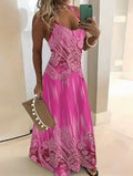 Pink Floral Paisley Embroidery Print Women's Sleeveless V Neck Midi Dress Summer Casual Beach Party Outfit 2024 New