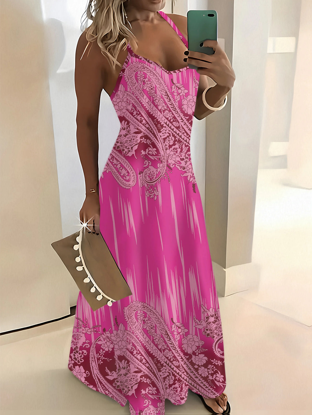 Pink Floral Paisley Embroidery Print Women's Sleeveless V Neck Midi Dress Summer Casual Beach Party Outfit 2024 New