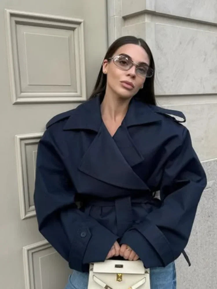 Women Lapel V-neck Belt Trench Coat Lace Up Button Full Sleeve Short Thin Windbreak 2026 Lady New Fashion Daily Street Outerwear