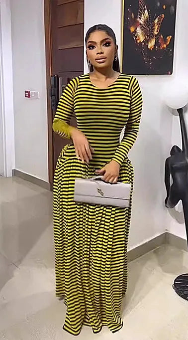 Women's Yellow Black Striped Maxi Dress Long Sleeve Crew Neck Slim Bodice Folds Skirt Stylish Casual Retro Outfit For Daily Wear