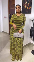 Women's Yellow Black Striped Maxi Dress Long Sleeve Crew Neck Slim Bodice Folds Skirt Stylish Casual Retro Outfit For Daily Wear