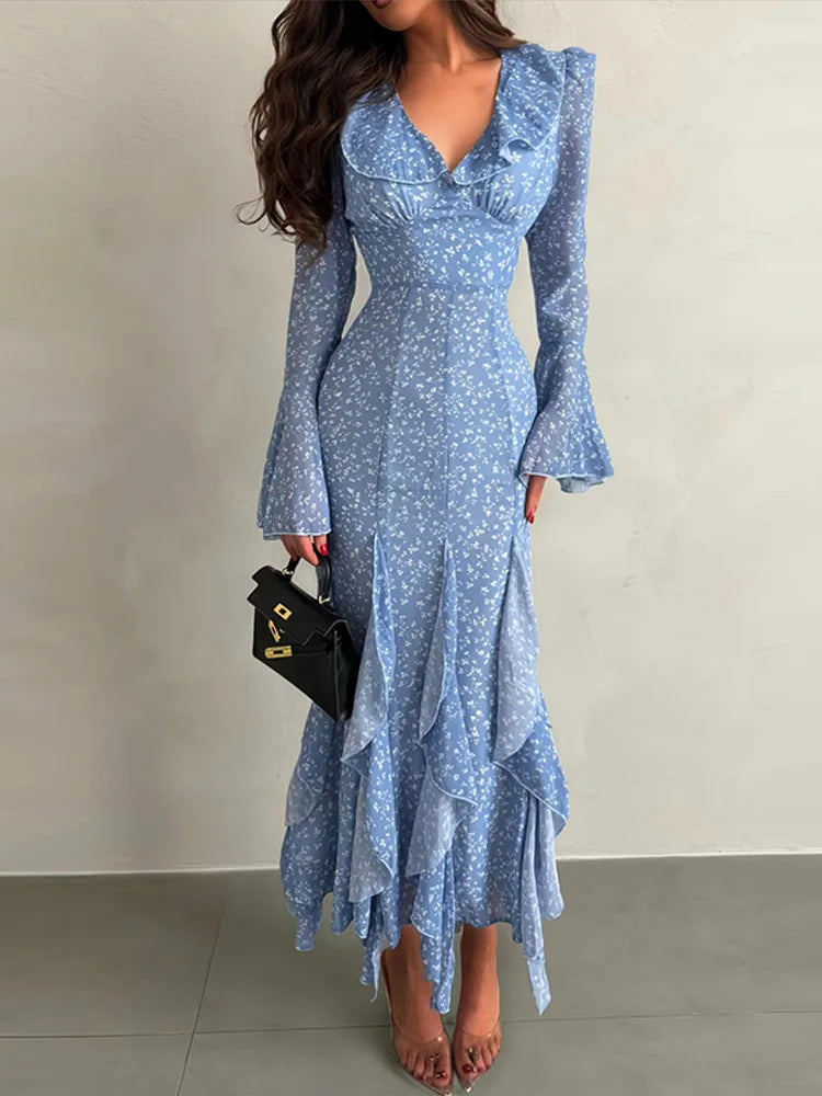 Women Printed V Neck Long Dress Flared Sleeve Lotus Leaf Edge High Waist Slim Fit Maxi Dresses Lady Elegant Evening Party Dress