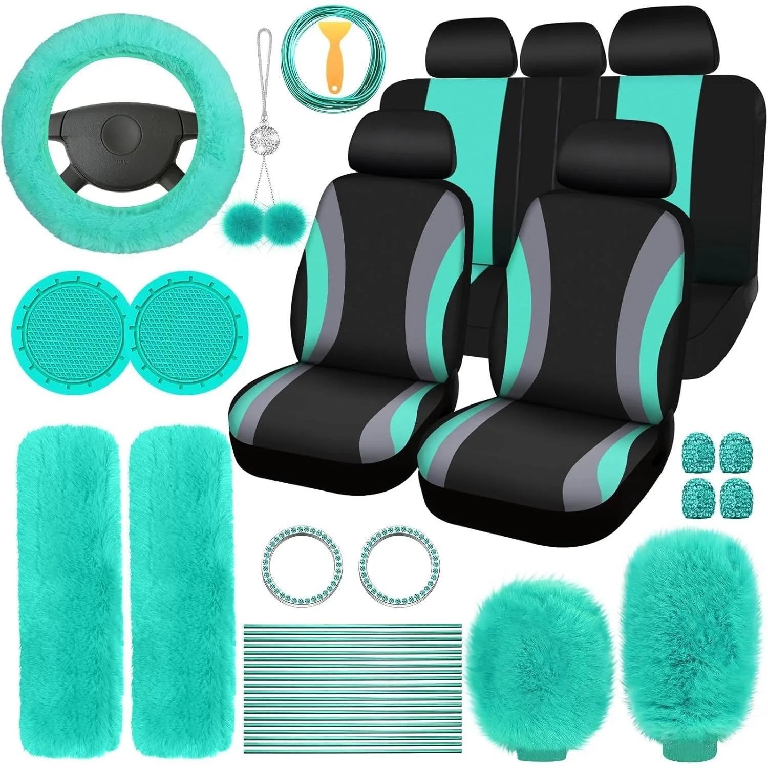 Fluffy Cute Women Car Accessories Set 45pcs Blue Steering Wheel Cover Seat Belt Handbrake Gear Shift Covers Great Gift