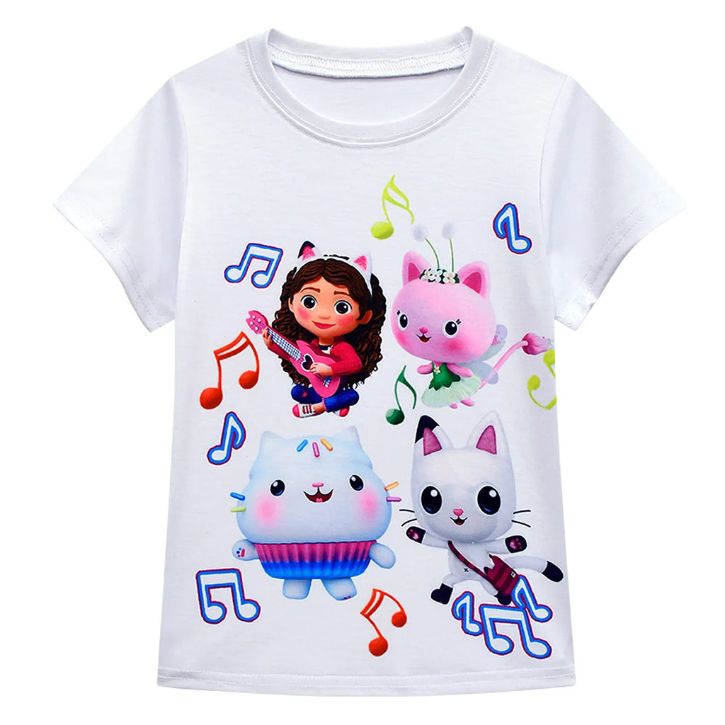 GabyDoll Cat house Girls Clothes Sets Summer Cats-tastic Tops+Bow Cartoon Print Skirt+Bag+Headband 4pcs Children's Clothing Suit