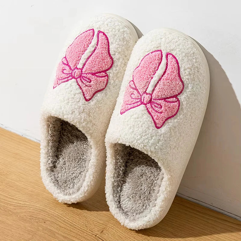 Bow Fluffy Women Slippers Home Lovely Winter Casual Designer Shoes Girls Fashion Plush New Indoor Fuzzy Fur Slides Soft Non-Slip