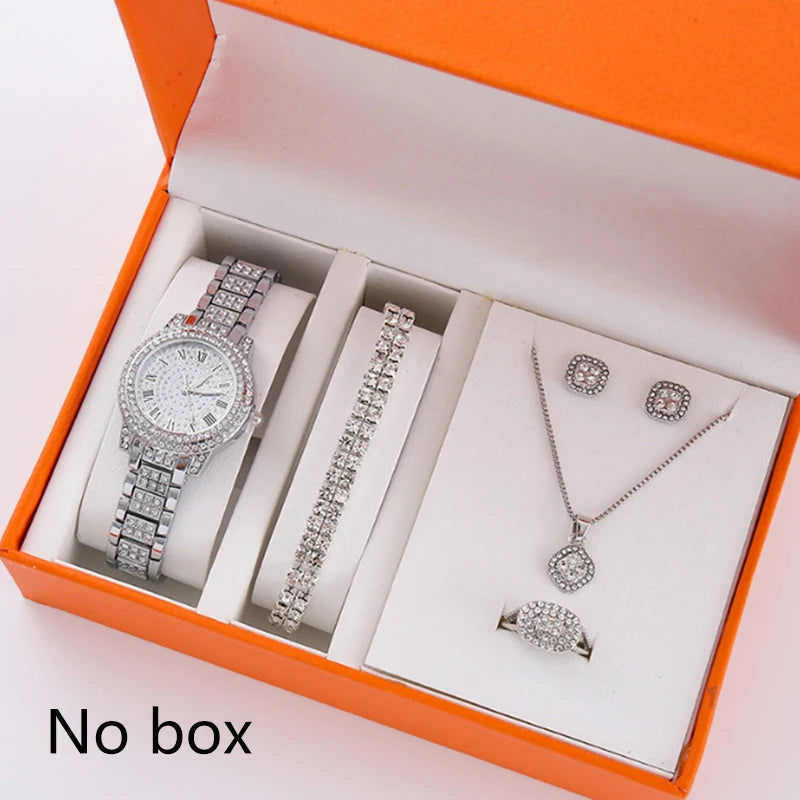 6Pcs Women's Rhinestone Quartz Watch Set Fashion Wrist Watch & Jewelry Set Gift