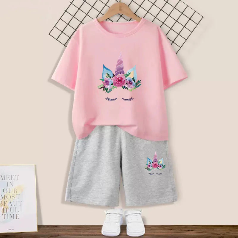 Girls Happy Cat Printed 2PC Outfit Set Summer Fashion Short Sleeve T-Shirt And Shorts Combo Cute Kids Clothing