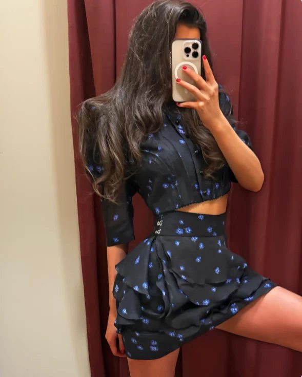 Floral Print Two Piece Set Women Puff Sleeve Crop Top Layered Ruffle Sexy Mini Skirt Sets Lady 2026 Summer Boho Beach Outfit