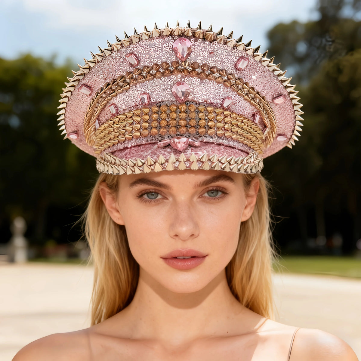 HongLuan Blue Steampunk Captain Hat Rhinestone for Burning Man Festival Woman, Vintage Military Accessories & Military Cap Man