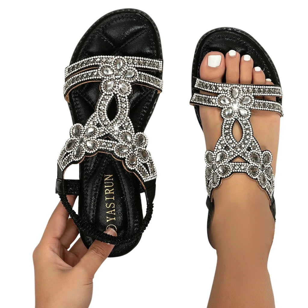 Elastic Band Sandals Women Casual Bohemian Crystal Floral Flat Beach Shoes Open Toe Low Heels PU Leather Ladies