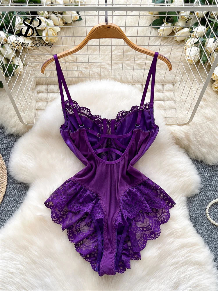 SINGREINY Satin Erotic Bodysuits 2025 Fashion Strap Backless Slim Rompers Nightwear Lace Spliced Sheer Sexy Playsuits
