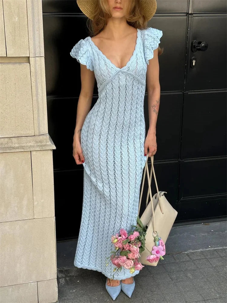 Tossy Ruffled Hollow Out Knit Long Dress Women V-Neck Fashion Patchwork See-Through Beach Holiday Dress Knitwear Female Dress
