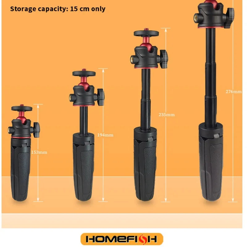 Portable extendable tripod for DSLR cameras, mobile phones, and desktops. Handle for live streaming.