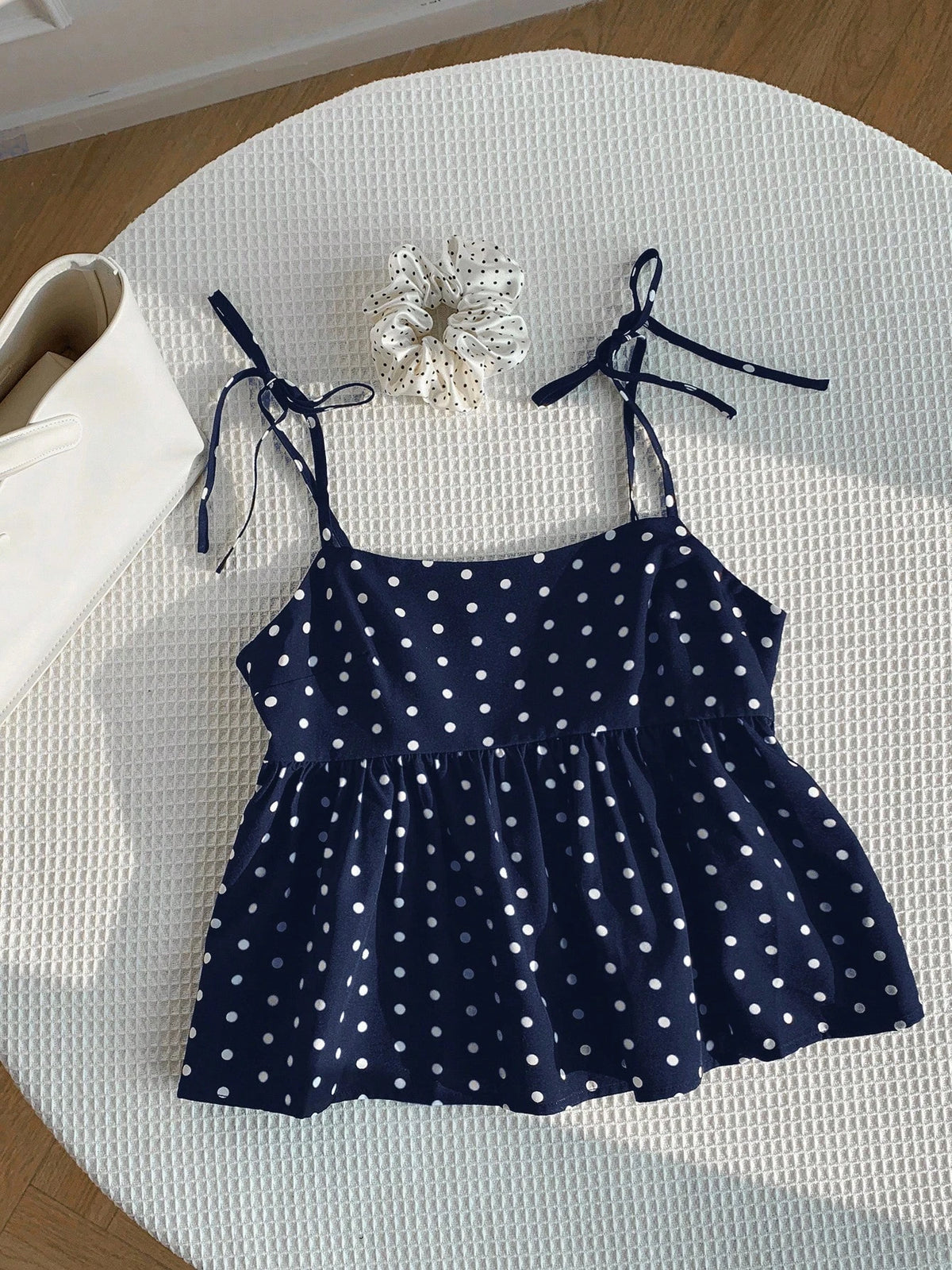 Women's Polka Dot Crop Cami With Spaghetti Straps And Flared Hem Polka Dot Camisole Babydoll Top Babydoll Tops Polkadot Top Cute