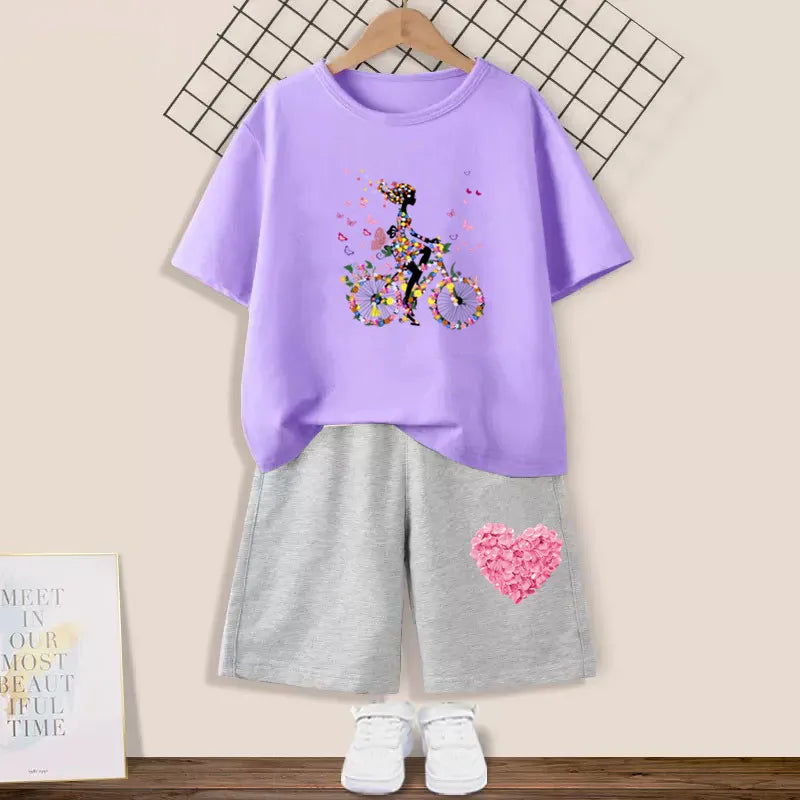 2024 Summer Girls Cotton Clothing Sets Kids Cute Cartoon Butterfly High Heel T-shirt +Shorts 2Pce Suits Childrens Tracksuits