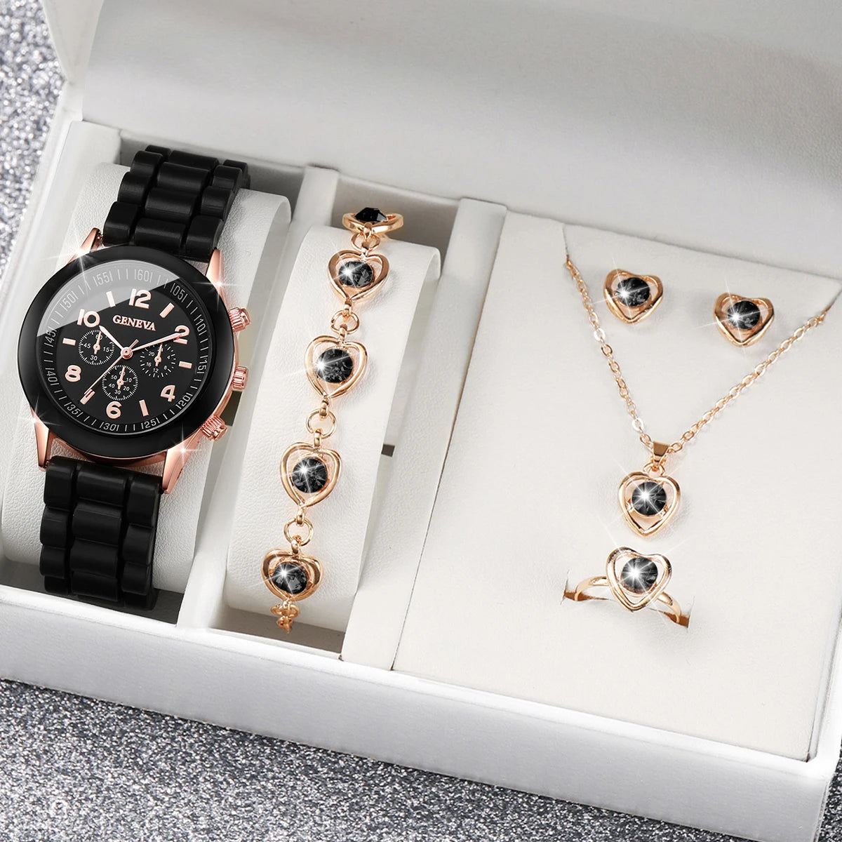 6PCS/Set Women's Watch Casual Silicone Band Analog Quartz Watch Rhinestone Heart Jewelry Set(Without Box)