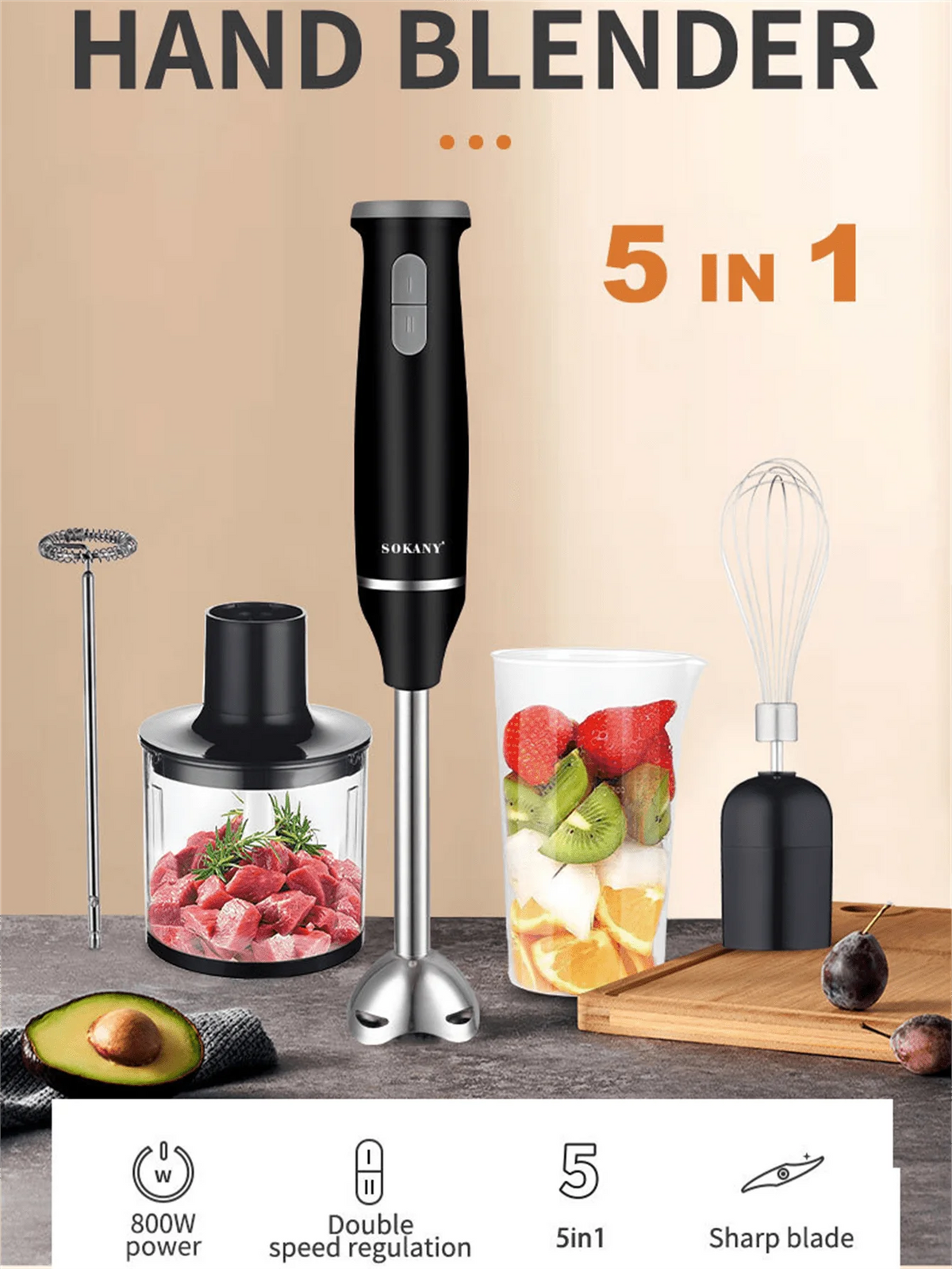 SOKANY 1714 Immersion Hand Blender, 2-Speed, 5-in-1, Hand Mixer, Whisk, Meat Chopper, Measuring Cup