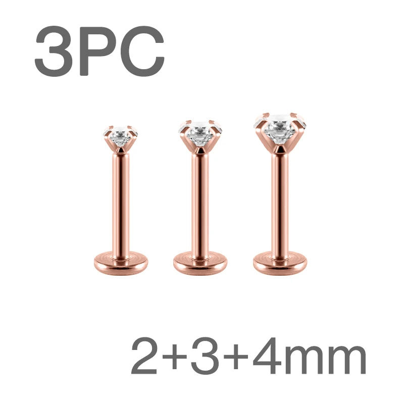 Surgical Steel CZ Flat Back Labret Stud 16G 6mm 8mm Internally Threaded for Cartilage Helix Tragus Lip Hypoallergenic Piercing
