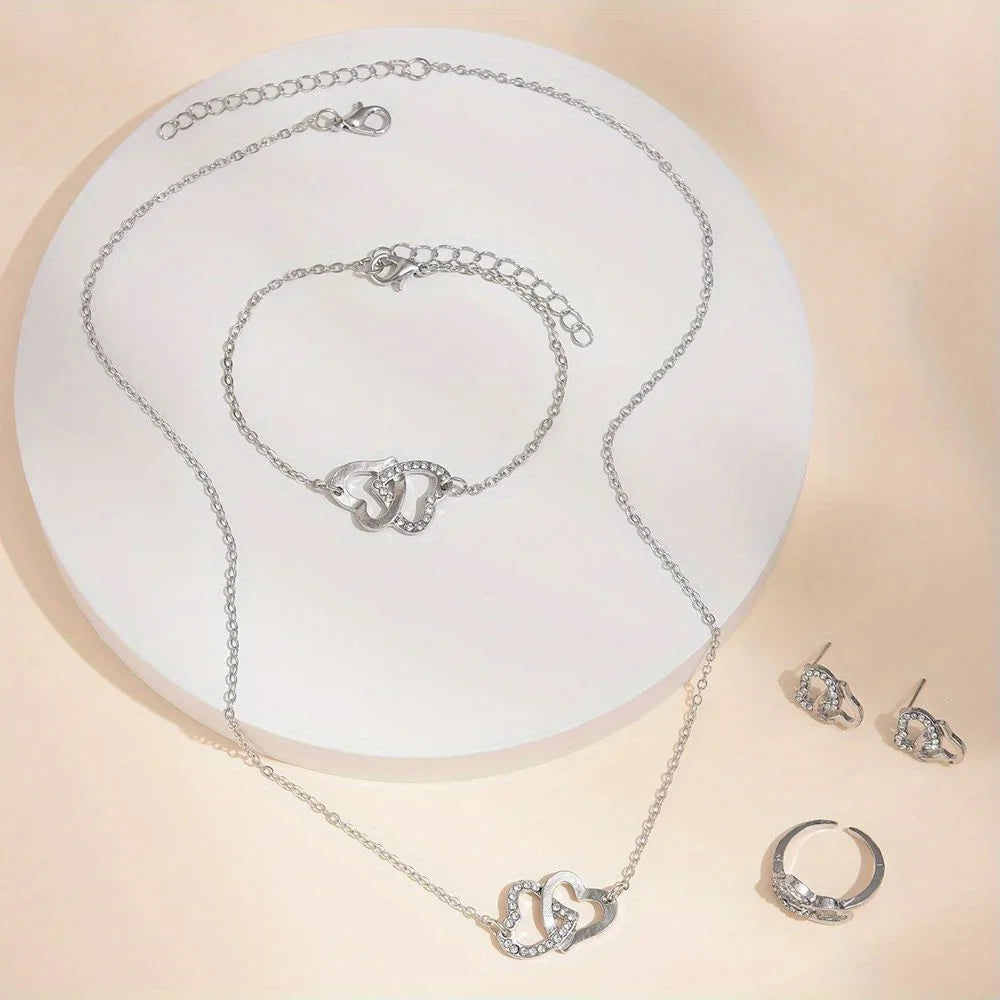 1pc Rhinestone Decor Quartz Watch Elegant Round Pointer Analog Electronic Watch & 5pcs Jewelry Set, Gift For Mom/Girlfriend