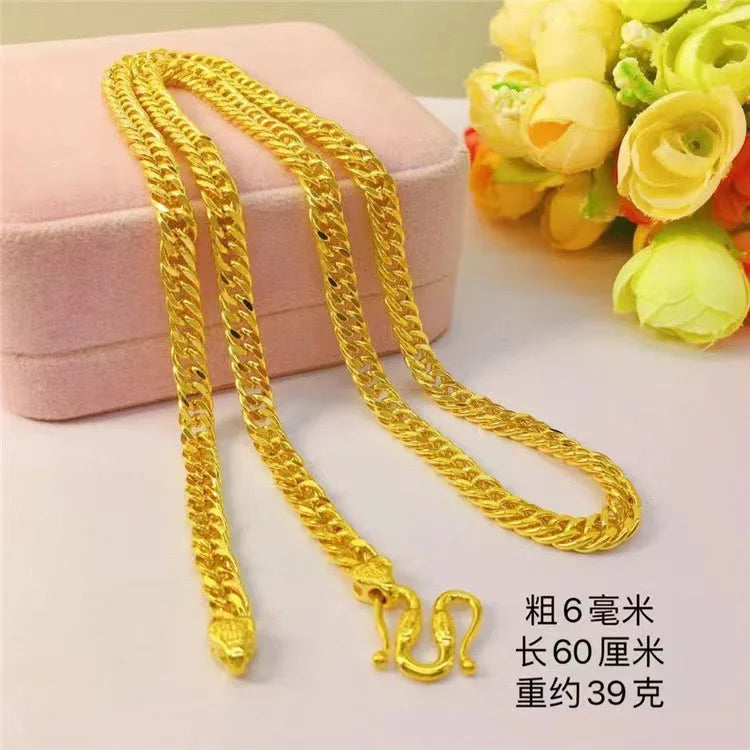 Luxurious 999 24K genuine gold men's flat chain Boss necklace, simple and elegant, men's boss gold jewelry necklace