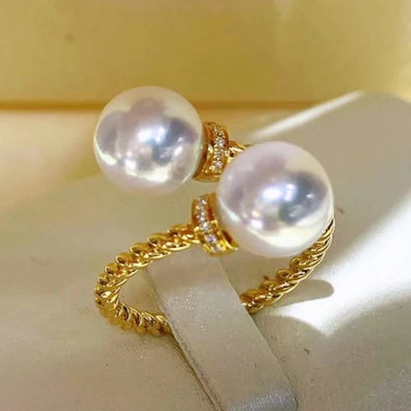 Huitan Temperament Double Imitation Pearl Open Ring Twist Gold Color Band New Fashion Women's Accessories Wedding Jewelry 2023